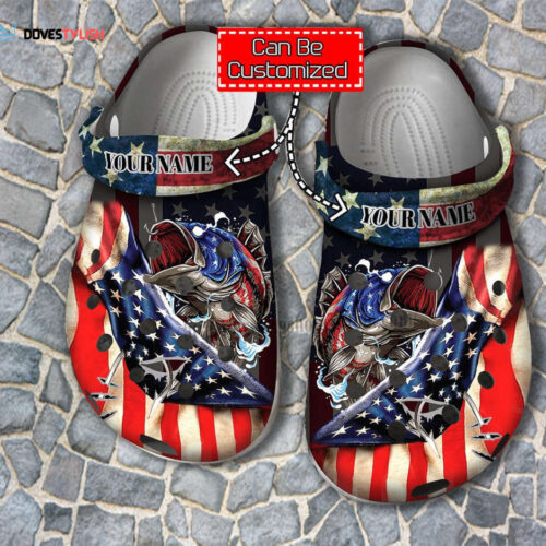 4Th Of July Bass Fishing Shoes Men Father Day- Hook Bass Fishing Usa Flag Shoes Croc Clogs Customize