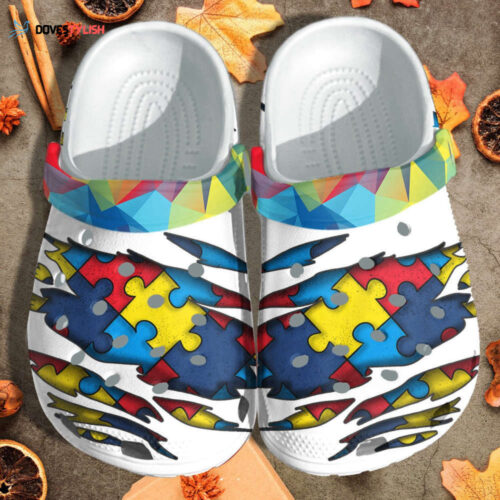 Autism Puzzel Tear Style Shoes Vintage – Autism Awareness White Shoes Croc Clogs Gifts Son
