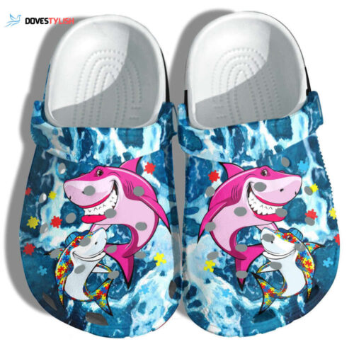 Autism Shark Mom And Shark Baby Beach Shoes – Autism Awareness Shark Ocean Blue Shoes Croc Clogs