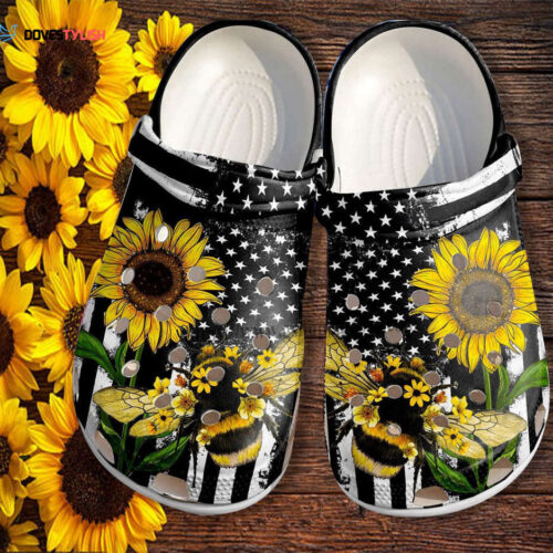 Bee Sunflower America Flag Shoes Gift Women Mother Day- 4Th Of July Bee Kind Shoes Croc Clogs