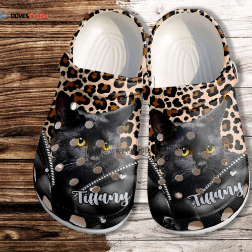 Black Cat Leopard Leather Funny Shoes Gift Women Mother Day- Cat Mom Shoes Croc Clogs Customize