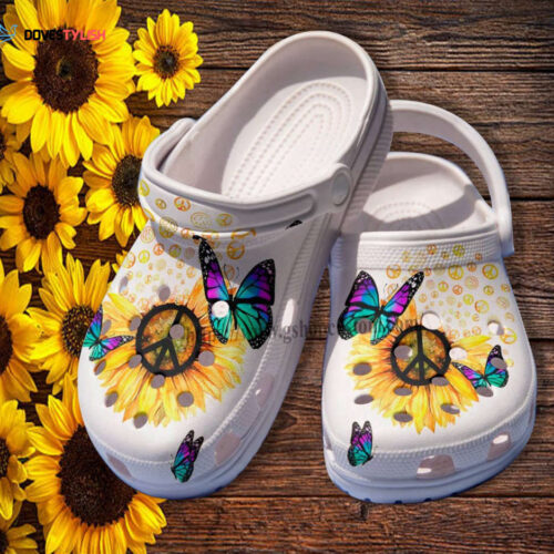 Butterfly Sunflower Peace Croc Shoes Gift Grandma- Sunflower Hippie Peace Shoes Croc Clogs Customize Gift