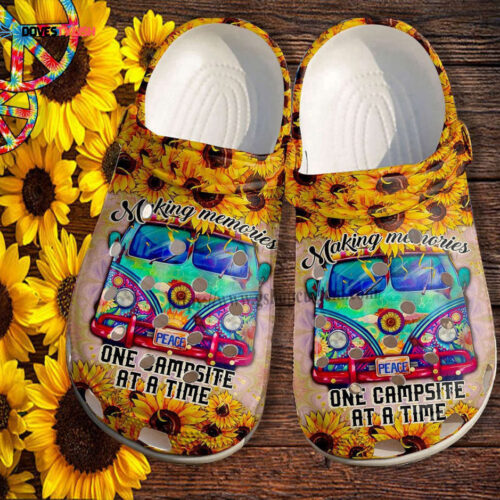 Camping Bus Peace Sunflower Croc Shoes Gift Mother Day- Hippie Trippy Bus Camp Shoes Croc Clogs