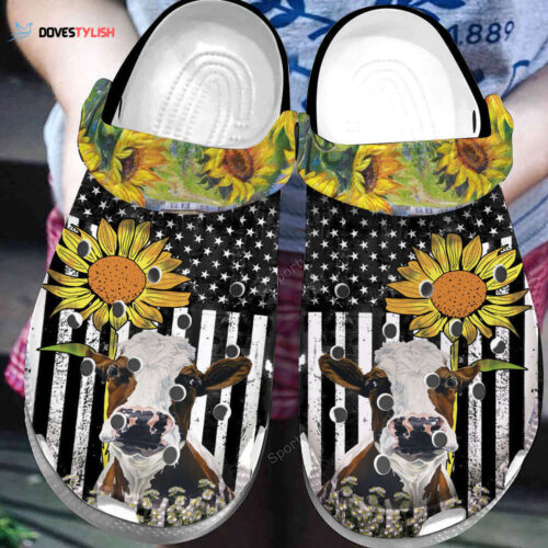 Cow With Sunflower Bw American Flag Farmer Clogs Shoes