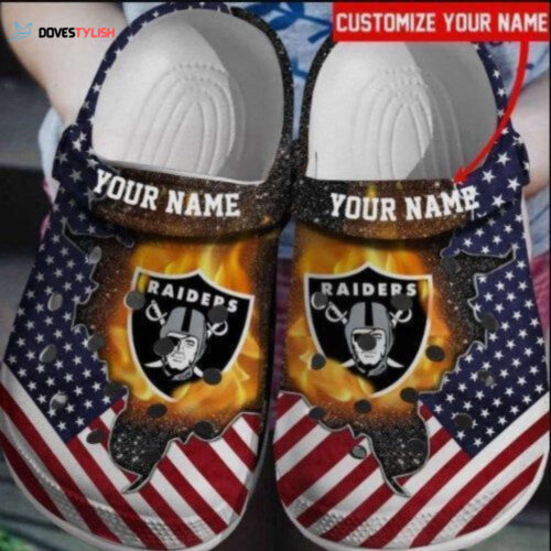 Custom name Las Vegas Raiders NFL Merican Flag Rubber Crocs Crocband Clogs Comfy Footwe