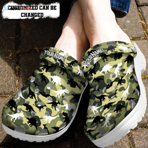 Dinosaur Camo Military Shoes Gifts Son Husband – Dinosaur Camouflage Shoes Croc Clogs Customize Father Day Gift