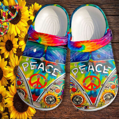Hippie Peace Bus Sunflower Croc Shoes- Rainbow Sunflower Peace Symbol Shoes Croc Clogs Gift Birthday Girl