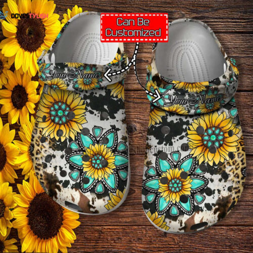 Hippie Sunflower Leopard Cow Skin Shoes Gift Women Daughter- Sunflower God Bless Boho Shoes Croc Clogs Customize