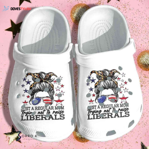 Leopard Woman Messy Buns Just A Regular Mom Usa Flag 4Th Of July Shoes Clogs