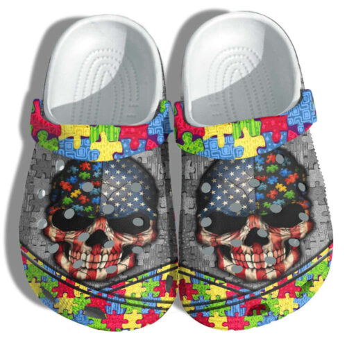 Skull Usa Flag Autism Awareness Shoes – Autism Puzzel Shoes Croc Clogs Gifts Men Women