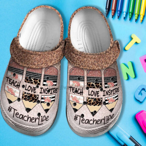 Teacher Life Love Inspire Shoes Wife Mother Day- Teacher Pencil Twinkle Leopard Shoes Croc Clogs Customize