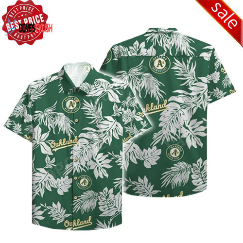 Oakland Athletics Hawaiian Shirt White Leaf Print Green Aloha Button Tee For Men