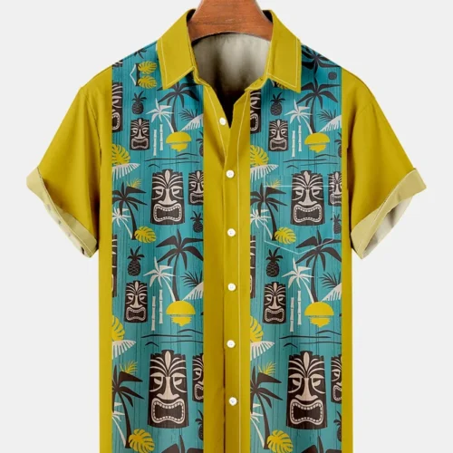 Summer With Tiki Bar Palm Tree Style Short-Sleeve Hawaiian Shirt For Vacay