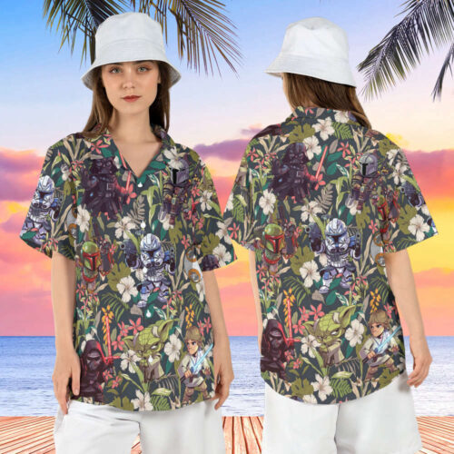Star Wars Tropical Hawaiian Shirt, Star Wars Cartoon Style Hawaii Shirt, Baby Yoda Summer Aloha Shirt, Darth Vader Beach Short Sleeve Shirt