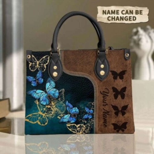 Stylish Butterfly Custom Name All Over Printed Leather Handbag – Perfect Tote for Women   Handmade  Vintage  Custom Bag