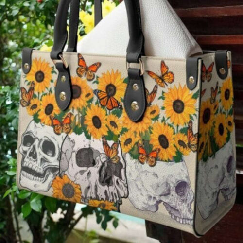 Sunflower Skull Butterfly Leather Bag – Day of the Dead Handbag