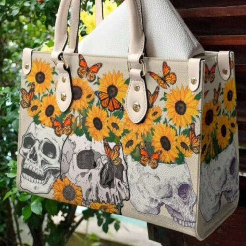 Sunflower Skull Butterfly Leather Bag – Day of the Dead Handbag