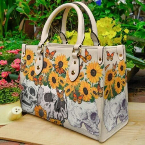 Sunflower Skull Butterfly Leather Bag – Day of the Dead Handbag