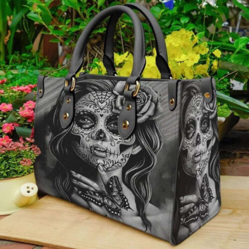 Day Of The Dead Butterfly Leather Handbag – Personalized Women s Skull Bag