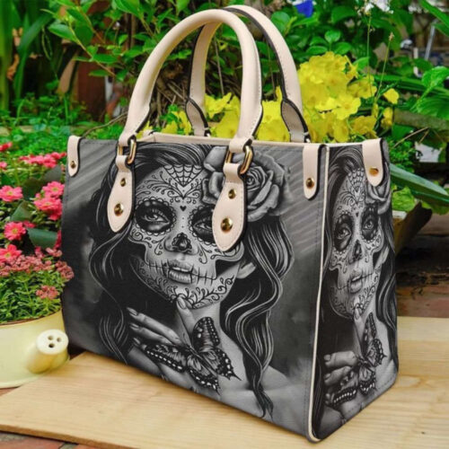 Day Of The Dead Butterfly Leather Handbag – Personalized Women s Skull Bag