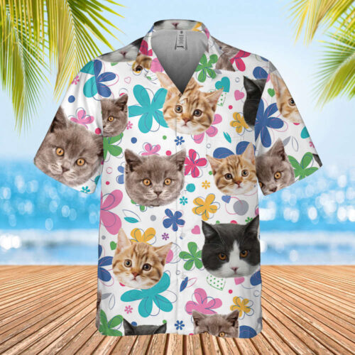 Leaves & Flowers Pattern With Cat Photo Hawaii Shirt, Cat Lover Hawaii Shirt For Men, Button Down Shirt, Vacation Shirt, Custom Photo Tee