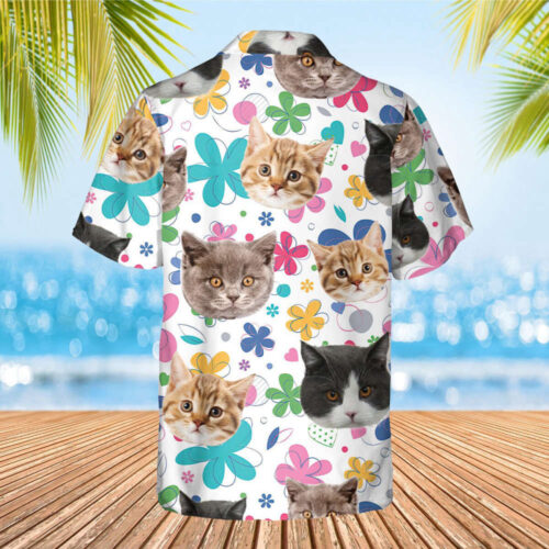 Leaves & Flowers Pattern With Cat Photo Hawaii Shirt, Cat Lover Hawaii Shirt For Men, Button Down Shirt, Vacation Shirt, Custom Photo Tee