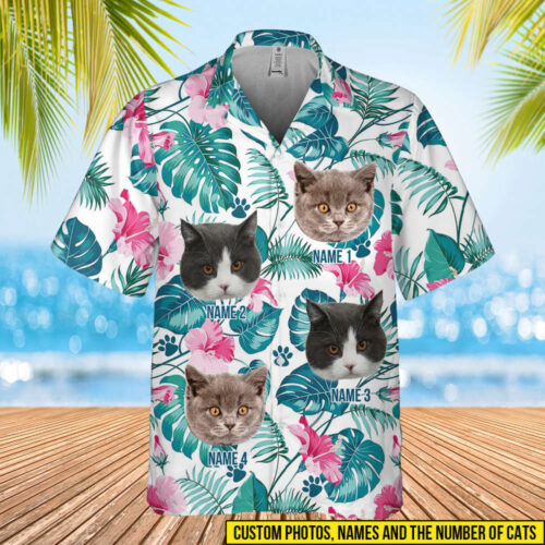 Father’s Day Cat Lovers Shirt, Custom Shirt with Face Cat, Tropical Flower Family Beach Shirt, Gift For Dad, Custom Name Shirt