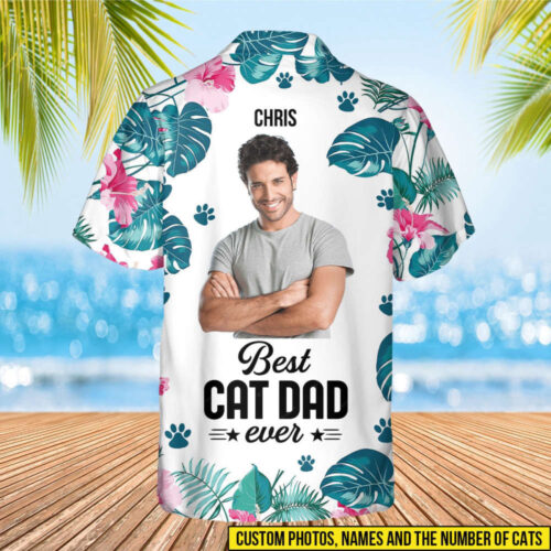 Father’s Day Cat Lovers Shirt, Custom Shirt with Face Cat, Tropical Flower Family Beach Shirt, Gift For Dad, Custom Name Shirt