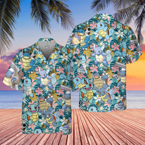 Tropical  PKM Squirtle  Shirt, Beach Shirt, Vacation 2023 Tshirt, Summer Hawaii Shirt, Movie Aloha Shirt