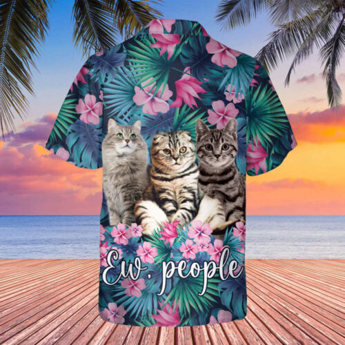 Cat Love Pattern With Cat Photo Hawaii Shirt, Cat Floral Hawaii Shirt For Men, Button Down Shirt, Vacation Shirt, Custom Photo Tee