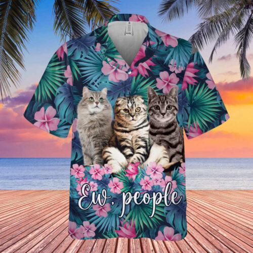 Cat Love Pattern With Cat Photo Hawaii Shirt, Cat Floral Hawaii Shirt For Men, Button Down Shirt, Vacation Shirt, Custom Photo Tee