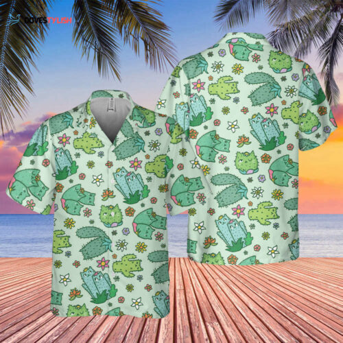 Cactus Cat Hawaiian Shirt – Perfect Aloha Button Up for Summer Holiday & Cat Lovers