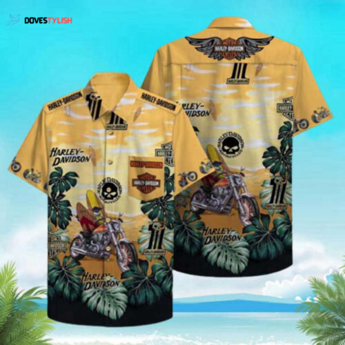 Harley Davidson Motorbike And Tropical Leaf Short Sleeves Hawaiian Shirt