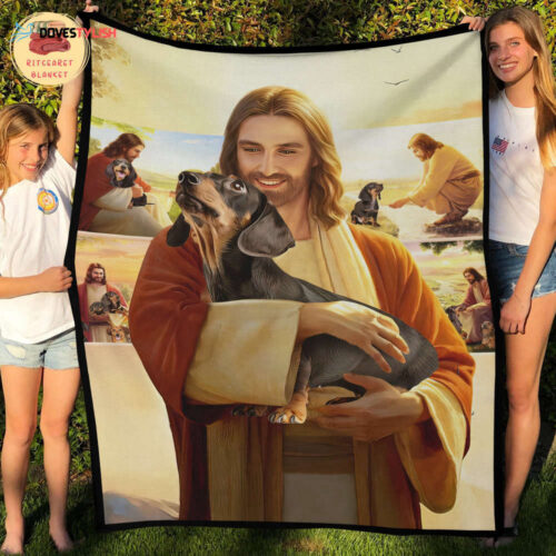 Jesus Christ Cuddling Dachshund Dogs Fleece Blanket – Cozy Mink Sherpa Design Comfort & Faith Combined
