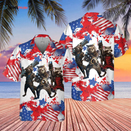 Marvel Rocket & American Flag Hawaiian Shirts – 4th of July Memorial Day Firework Aloha Tee