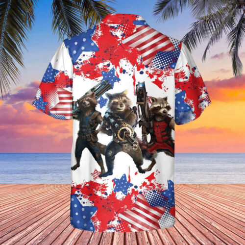 Marvel Rocket & American Flag Hawaiian Shirts – 4th of July Memorial Day Firework Aloha Tee