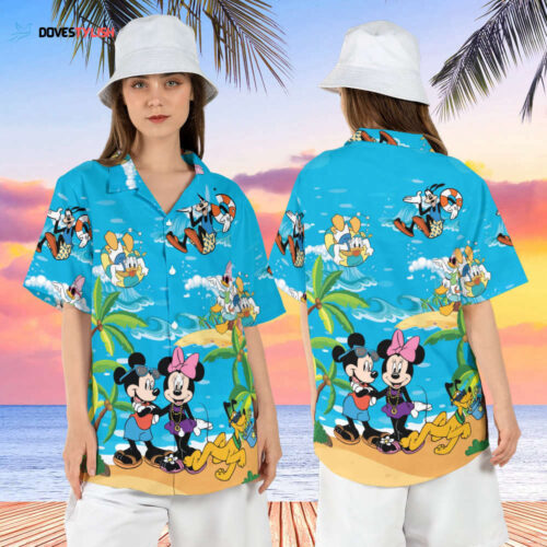 Mickey and Friends Summer Hawaiian Shirt, Disneyland Vacation Hawaii Shirt, Mickey Coconut Tree Aloha Shirt, Family Beach Short Sleeve Shirt
