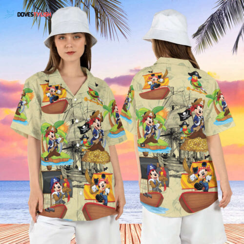 Mickey Pirate Hawaiian Shirt, Pirate of Caribbean Hawaii Shirt, Mickey Palm Tree Short Sleeve Shirt, Disneyland Vacation Aloha Shirt