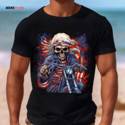 Motorcycle Skull Biker American 4th of July Independence Day T-shirt