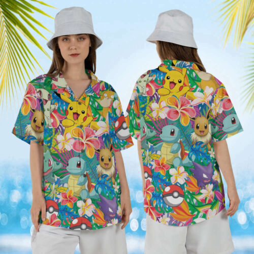 Pikachu PKM Hawaiian Pattern Shirt: Anime Raichu Button Up – Perfect Gift for Eevee Fans
