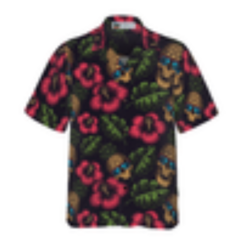 Pineapple Skull Tropical Flowers Black Hawaiian Shirt