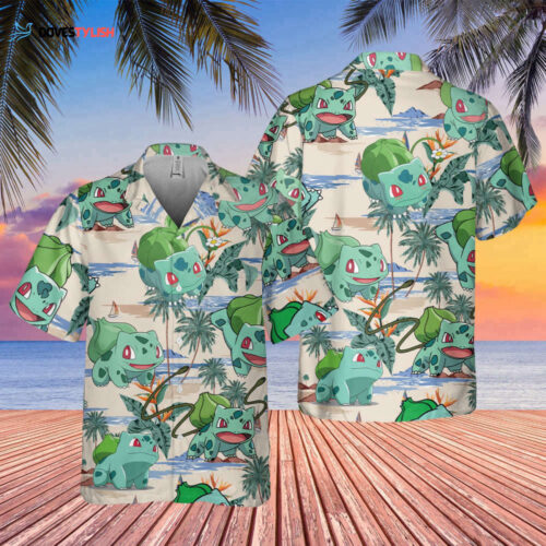 PKM Bulbasaur Hawaiian Shirt: Tropical Aloha Anime Venusaur Button Up – Perfect Gift for PKM Ball Fans
