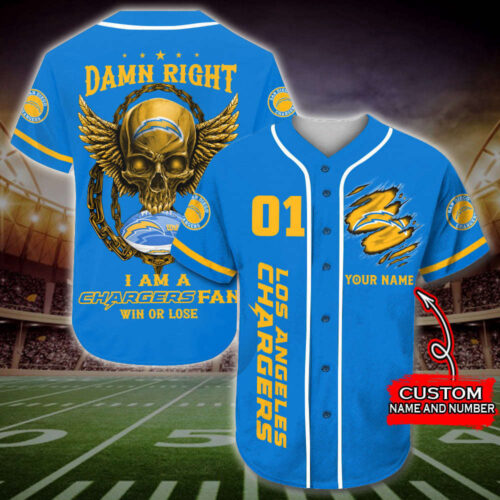 Trending 2023 Personalized Los Angeles Chargers Damn Right Skull All Over Print 3D Baseball Jersey