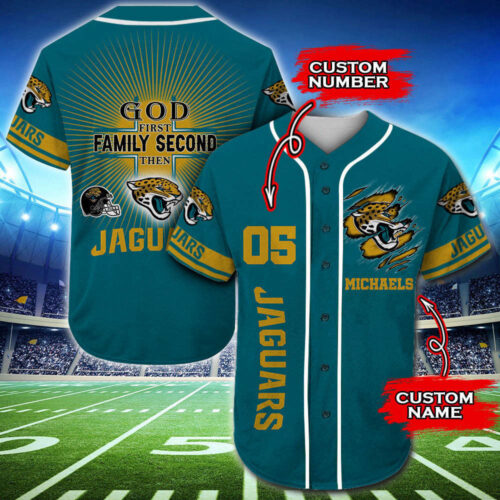 Trending 2023 Personalized Jacksonville Jaguars God First Family Second All Over Print 3D Baseball Jersey