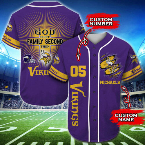 Trending 2023 Personalized Minnesota Vikings God First Family Second All Over Print 3D Baseball Jersey