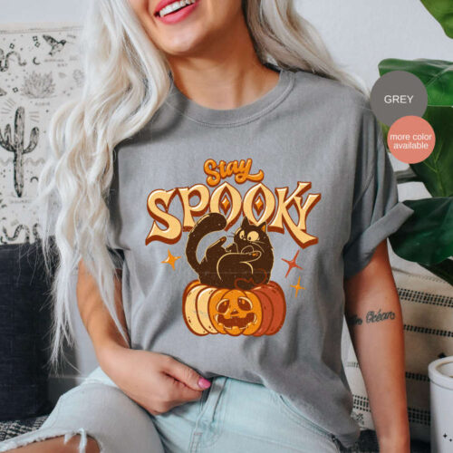 Pumpkin and Black Cat Shirt, Halloween Comfort Colors Shirt, Stay Spooky Tee, Spooky Season, Vintage Fall Shirt