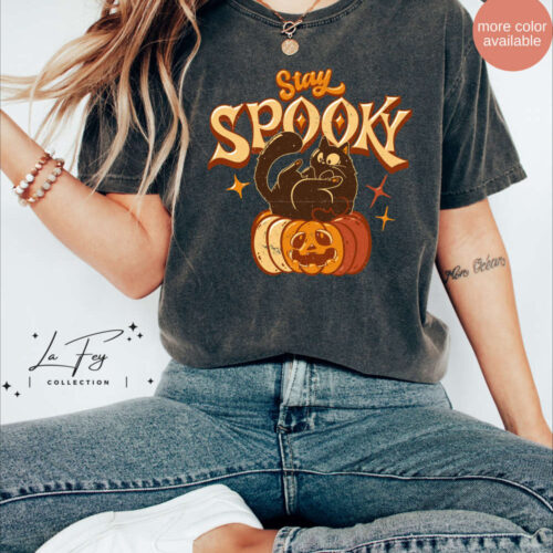 Pumpkin and Black Cat Shirt, Halloween Comfort Colors Shirt, Stay Spooky Tee, Spooky Season, Vintage Fall Shirt