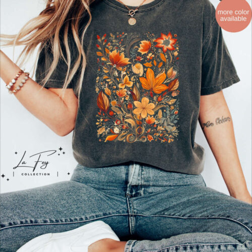 Fall Flower Shirt, Cottagecore Vintage Flowers Comfort Colors Tee, Wildflower Shirt, Garden Lover Gift, Autumn Shirt