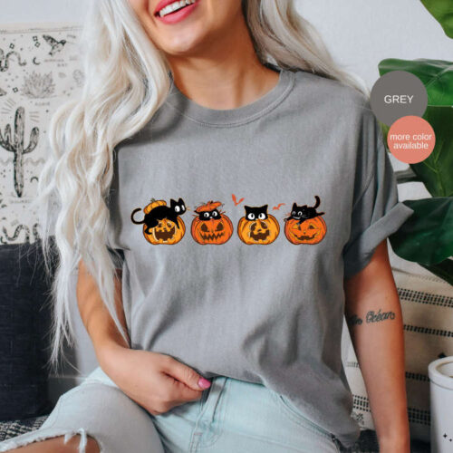 Black Cat Pumpkin Shirt, Comfort Colors Halloween T-Shirt, Black Cat Shirts, Halloween Cat Shirt, Spooky Season, Fall Shirt
