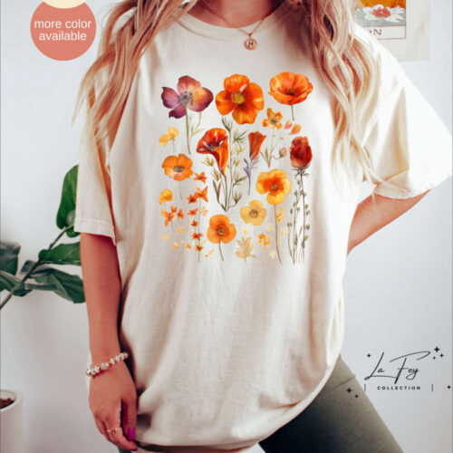 Orange Wildflowers Shirt, Oversized Vintage Botanical Tee, Pastel Floral Nature Shirt, Garden Lover Gift, Boho Wildflowers Cottagecore Shirt